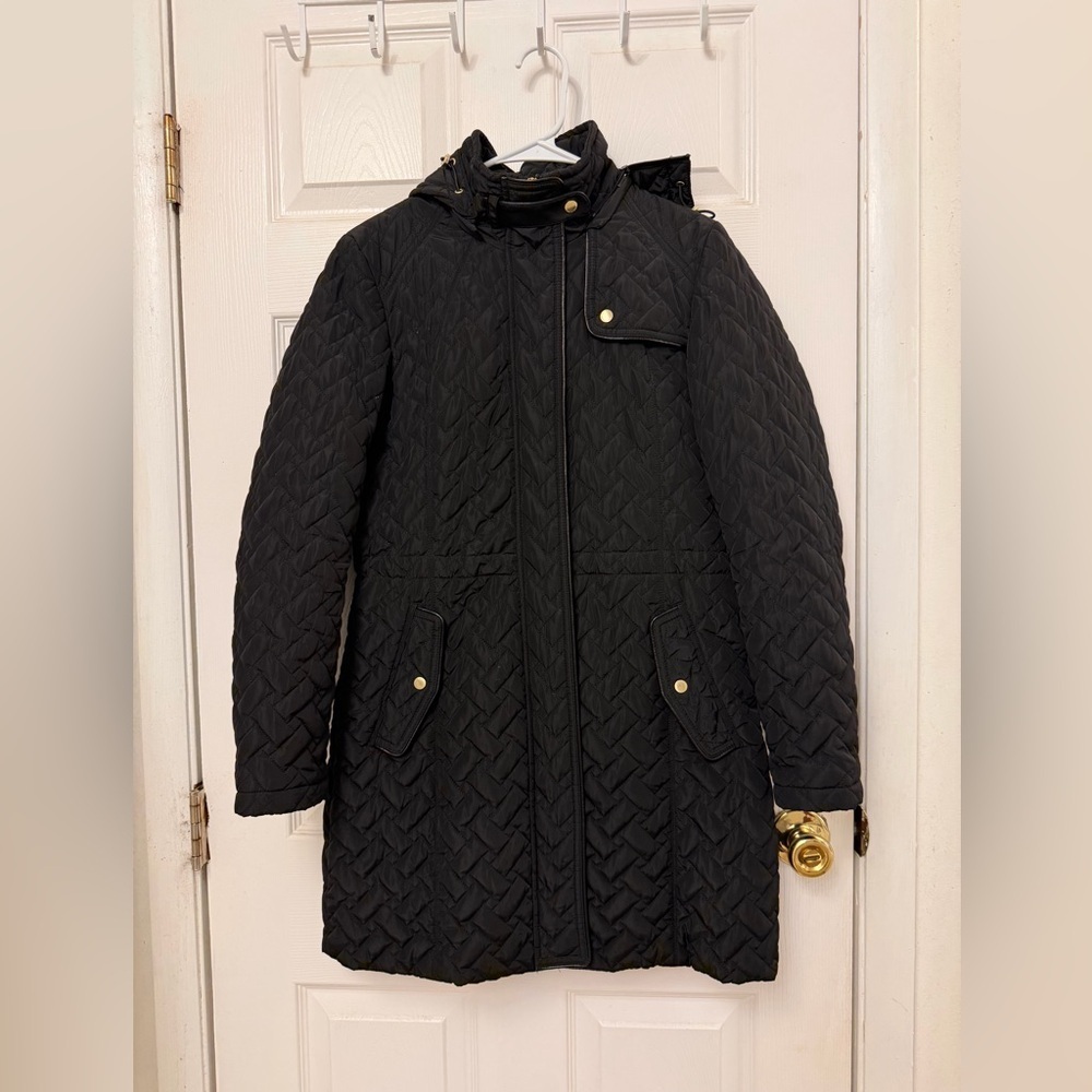 Cole Haan Faux-Leather Trim Quilted Black Coat